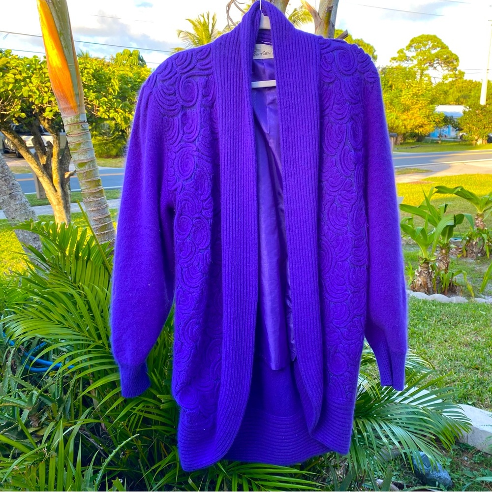 Vtg Long Angora Lambs Wool Cardigan M Purple Sia Bellini
